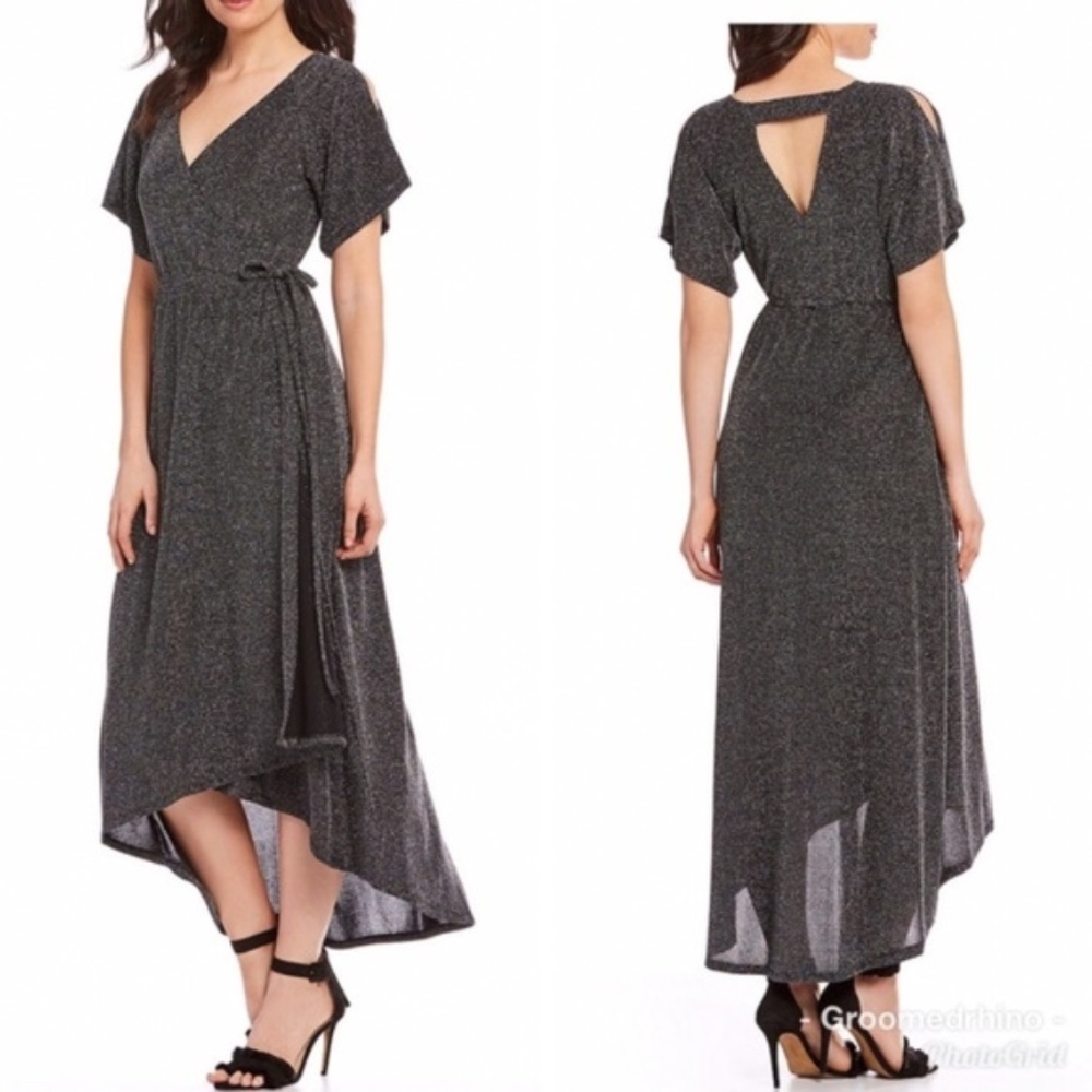 Gibson Latimer Deep V Lurex Wrap Dress Black Shimmer Maxi Women's Size Medium